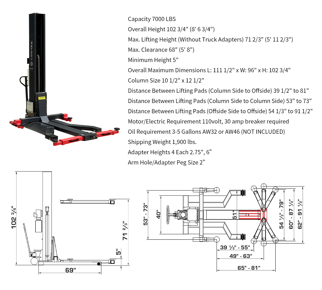 Katool 7,000lb Single Post Lift SKU SPL-700