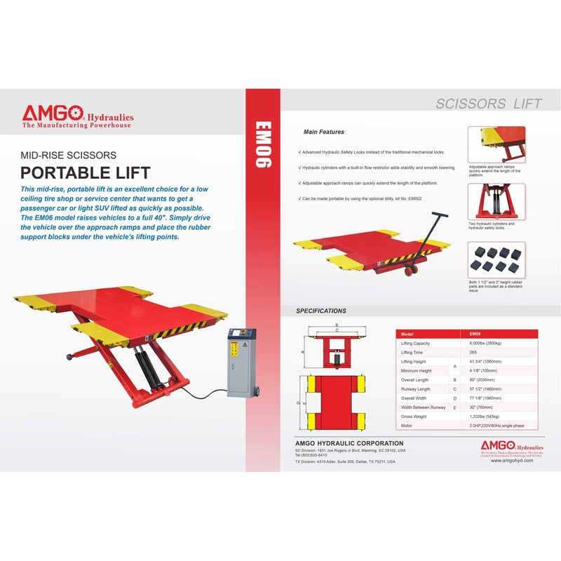AMGO 6,000 lbs Portable Mid-Rise Scissor Lift SKU EM06