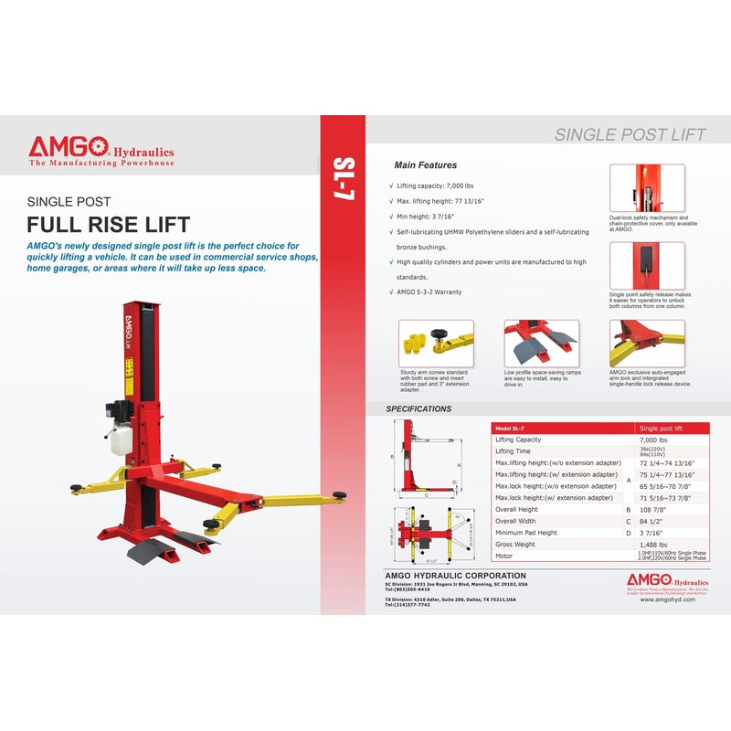 AMGO 7,000 lbs Single Post Lift SKU SL-7