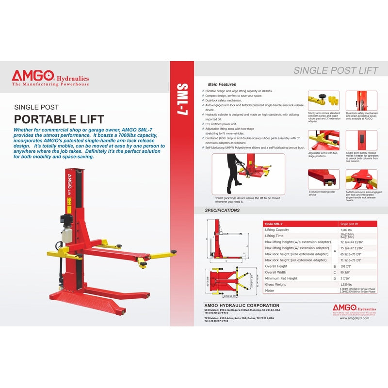 AMGO 7,000 lbs Single Post Lift SKU SML-7