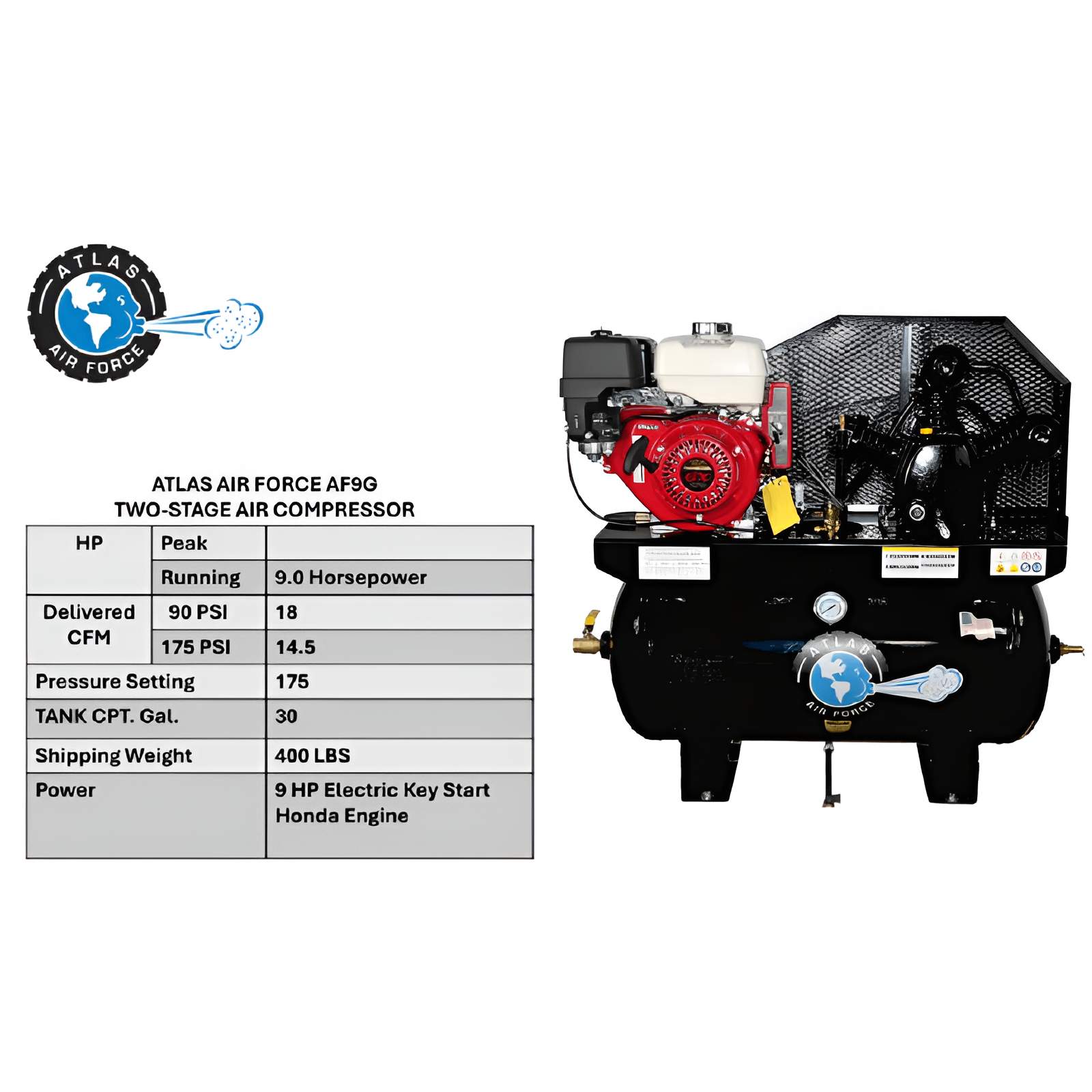 Atlas Gas 9HP 30 Gallon Air Compressor SKU ATEMPAF9G