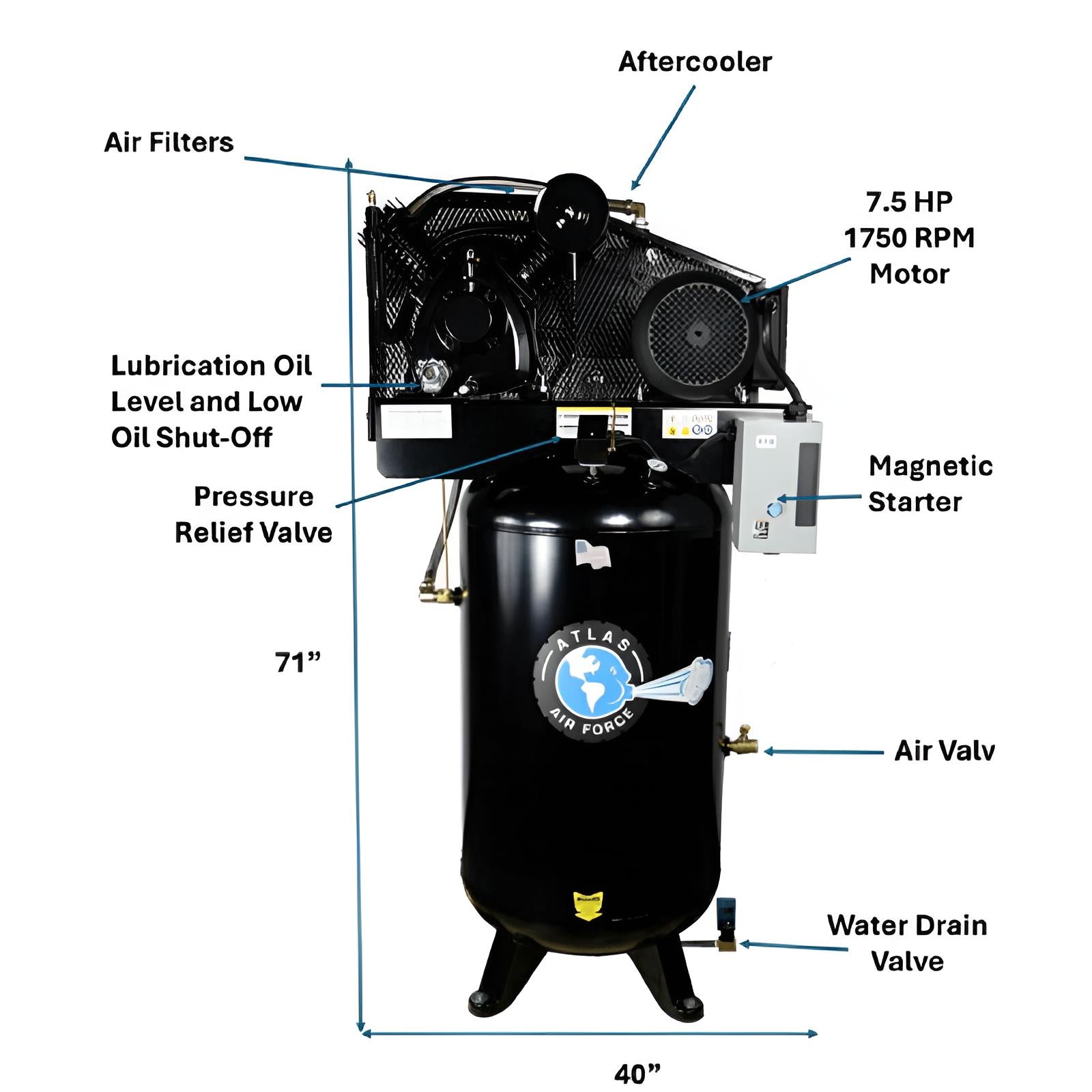 Atlas AF9P 7.5HP 80 Gallon Air Compressor w/ Plus Package SKU ATEMPAF9P