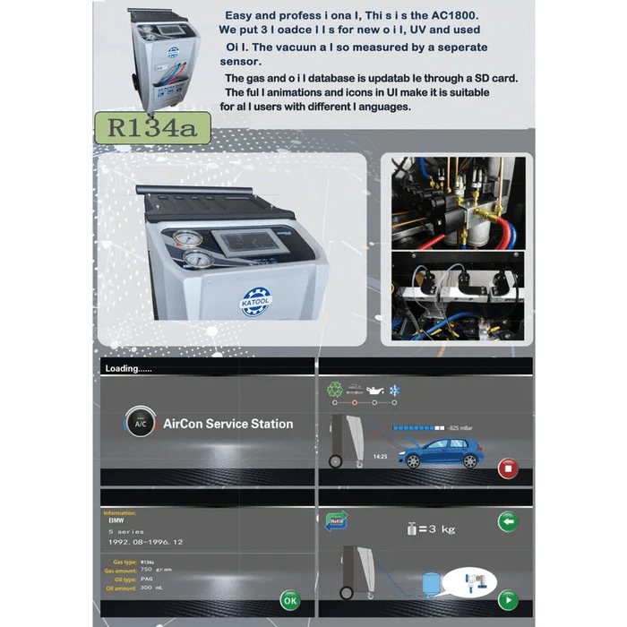 Katool R-134A Dual A/C Machine, Fully Automatic Recovery, Recycle & Recharge SKU KT-AC1800