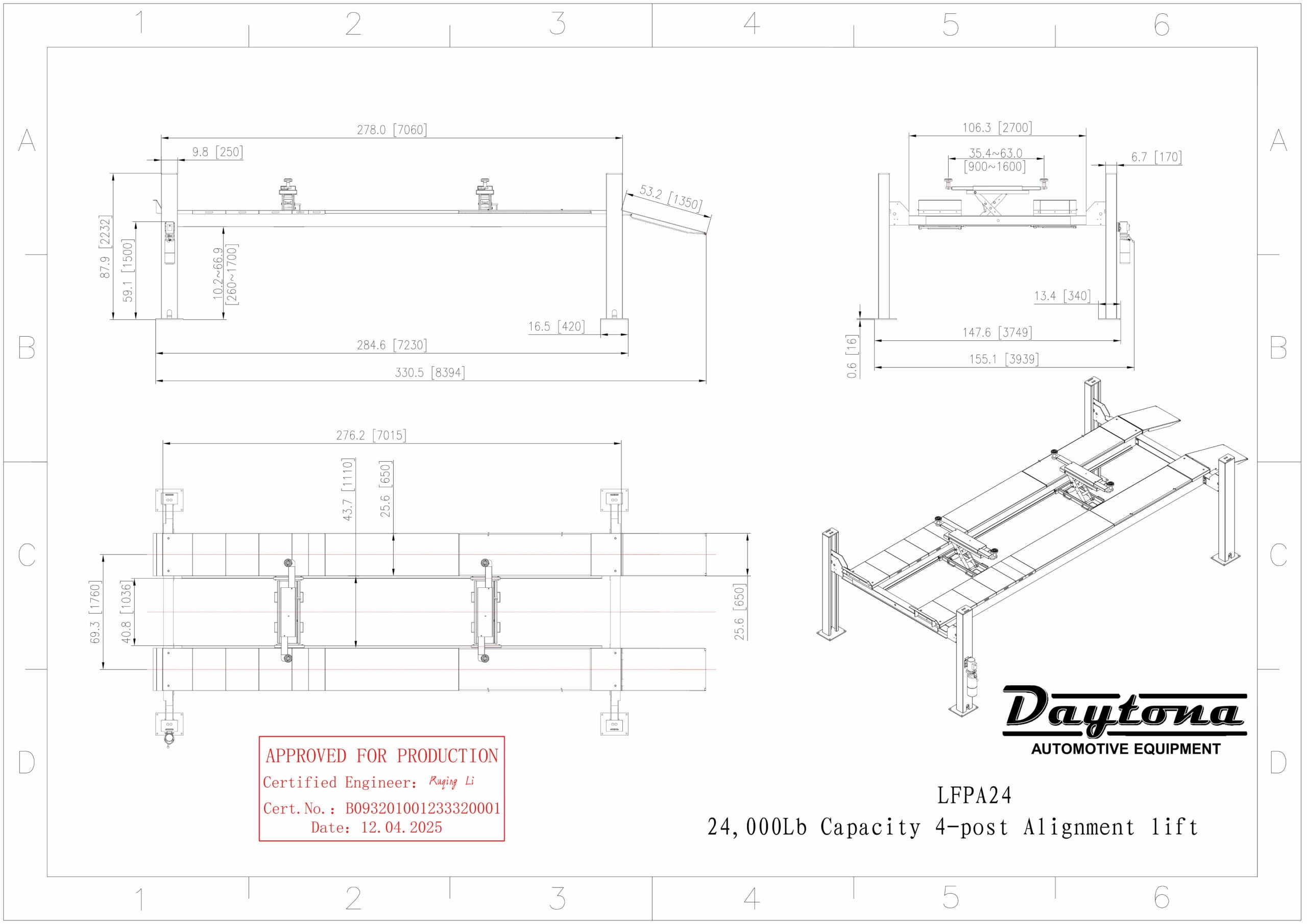 Daytona 24,000 lbs 4 Post Alignment Lift SKU LFPA24