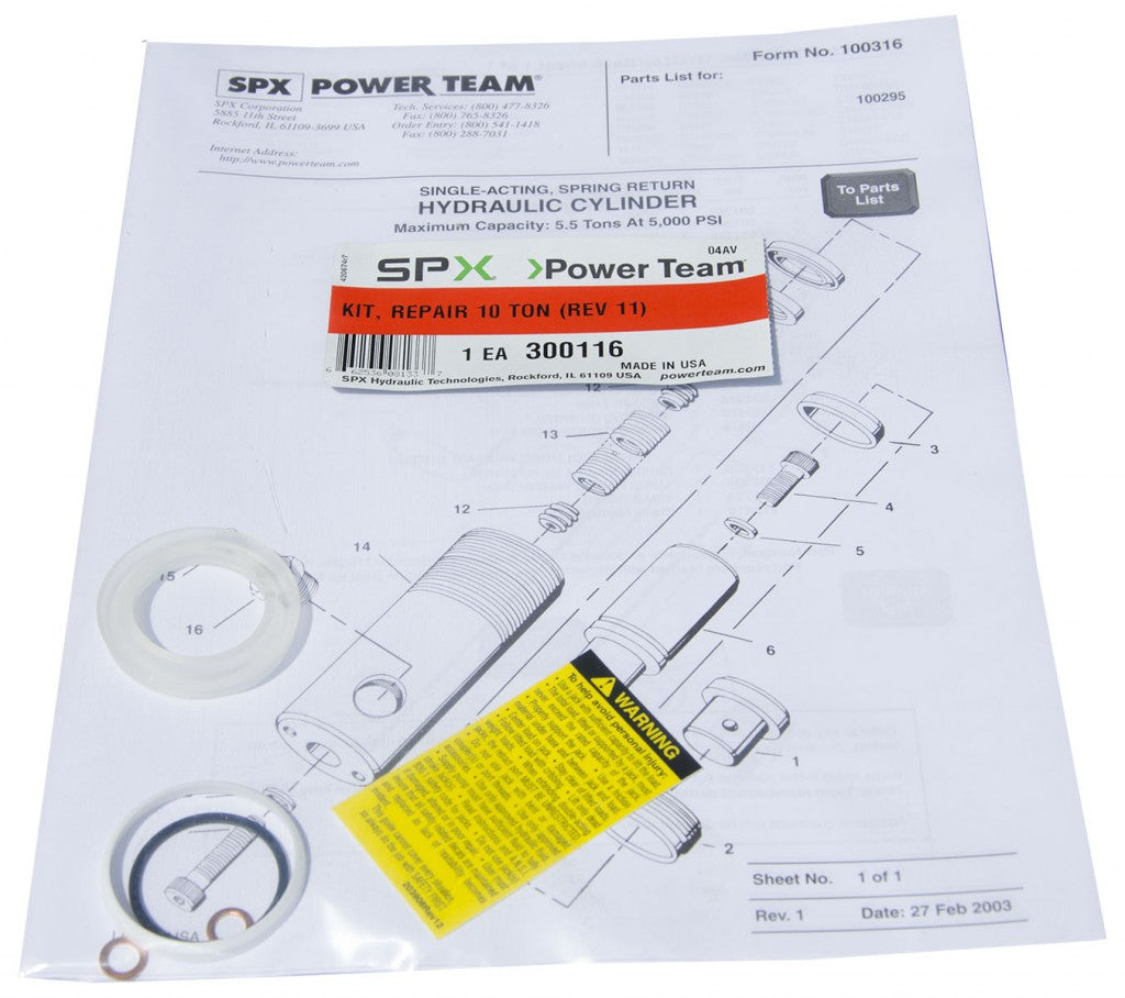 Signature 10 Ton Ram Repair Kit SKU 066300116