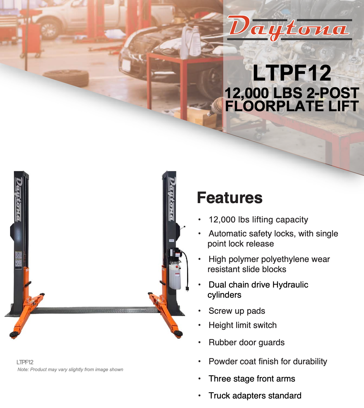 Daytona 12,000 lbs 2 Post Lift w/ Dual Hydraulic Cylinders SKU LTPF12