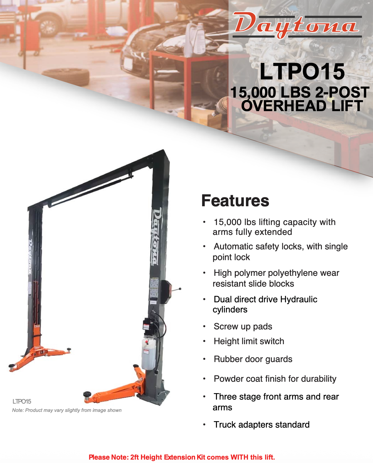 Daytona 15,000 lbs Capacity Overhead 2 Post Car Lift w/ Height Extensions SKU LTPO15