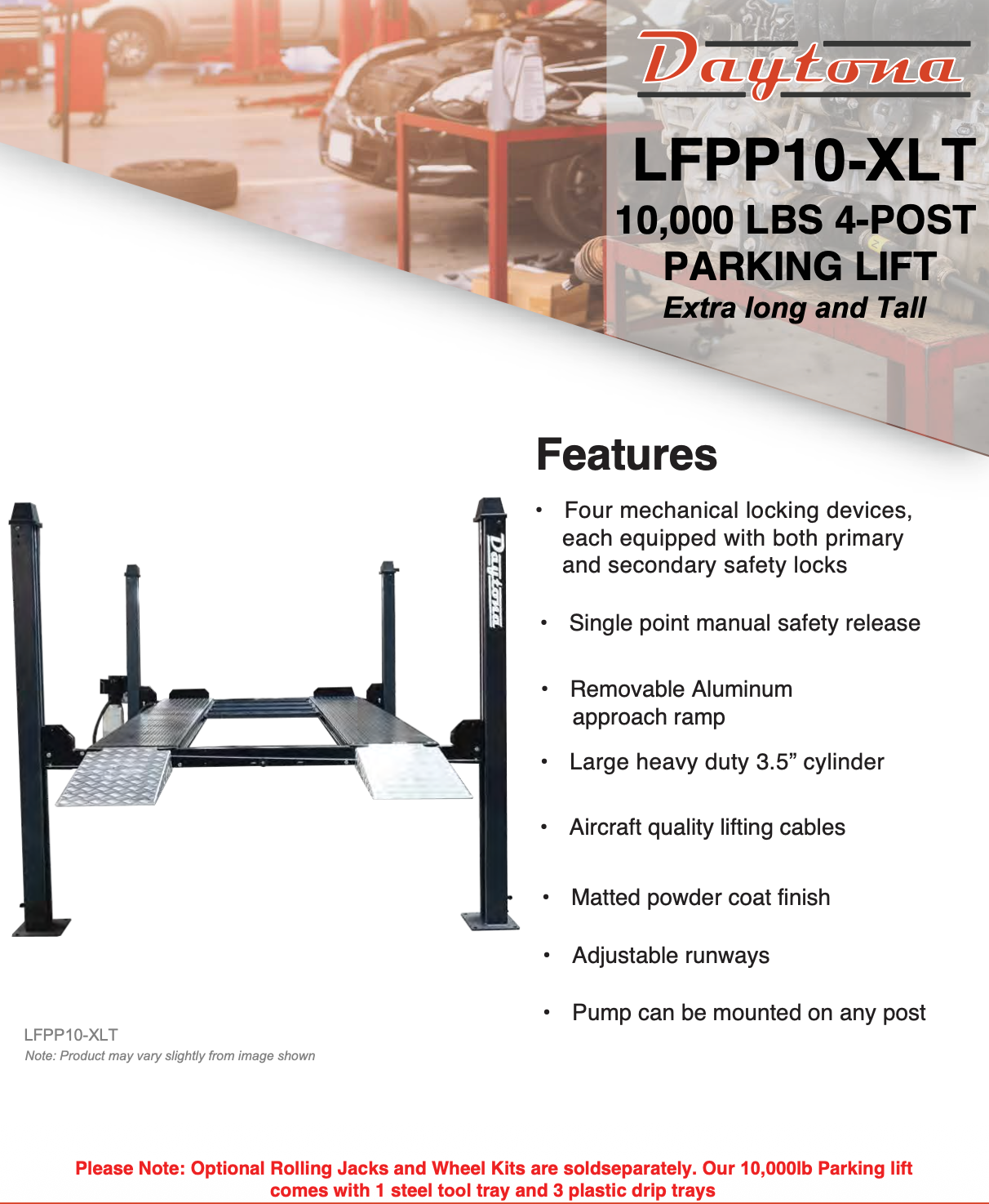 Daytona 10,000 lbs 4 Post Lift, Extra Long, Tall w/ Four Mechanical Locks SKU LFPP10-XLT
