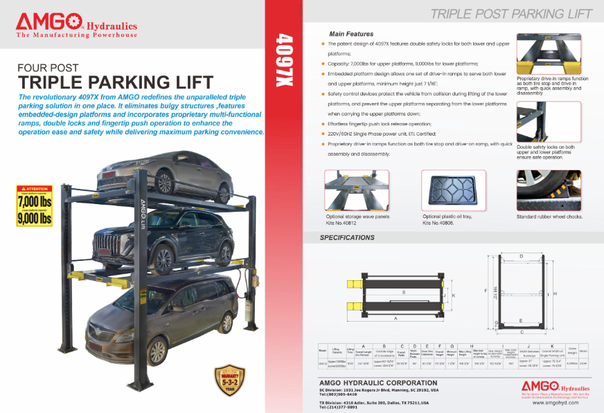 AMGO Heavy-Duty 9,000lb Capacity Triple Parking lift 4 Post Lift SKU 4097X