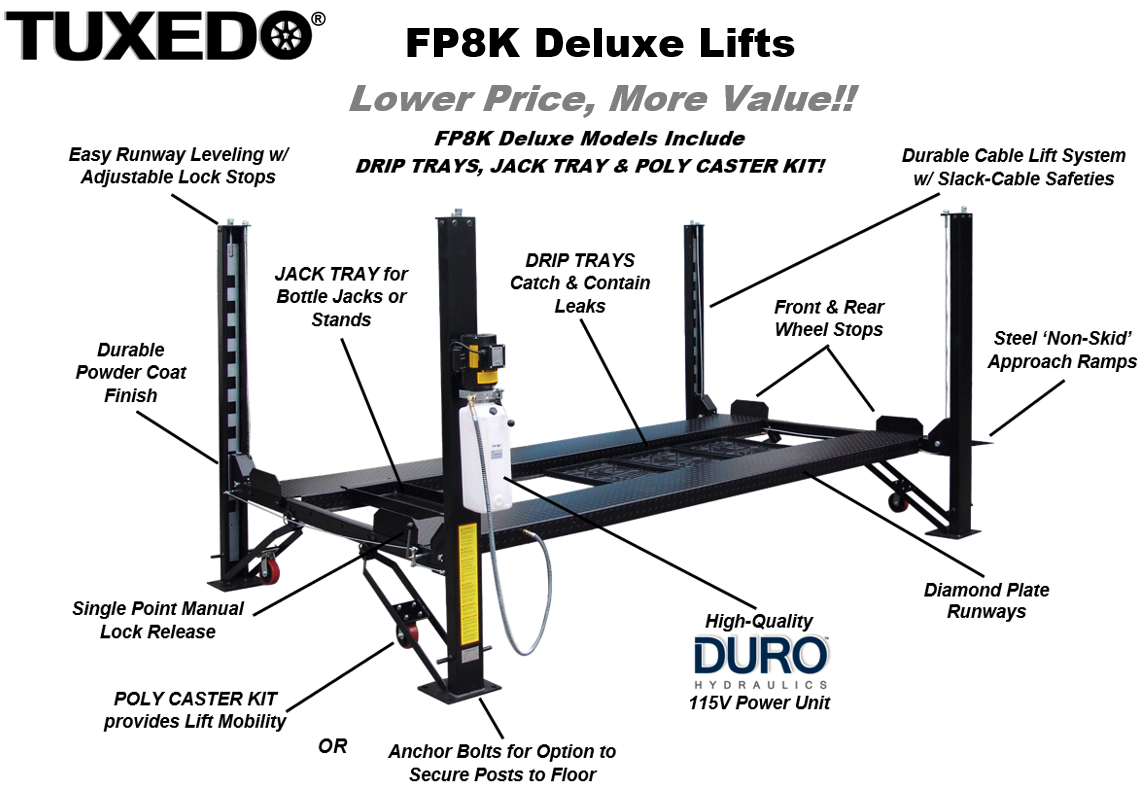 Tuxedo 8,000 lb Deluxe Storage Lift Extended, Poly Casters, Drip Trays, Jack Tray SKU FP8K-DX-XLT