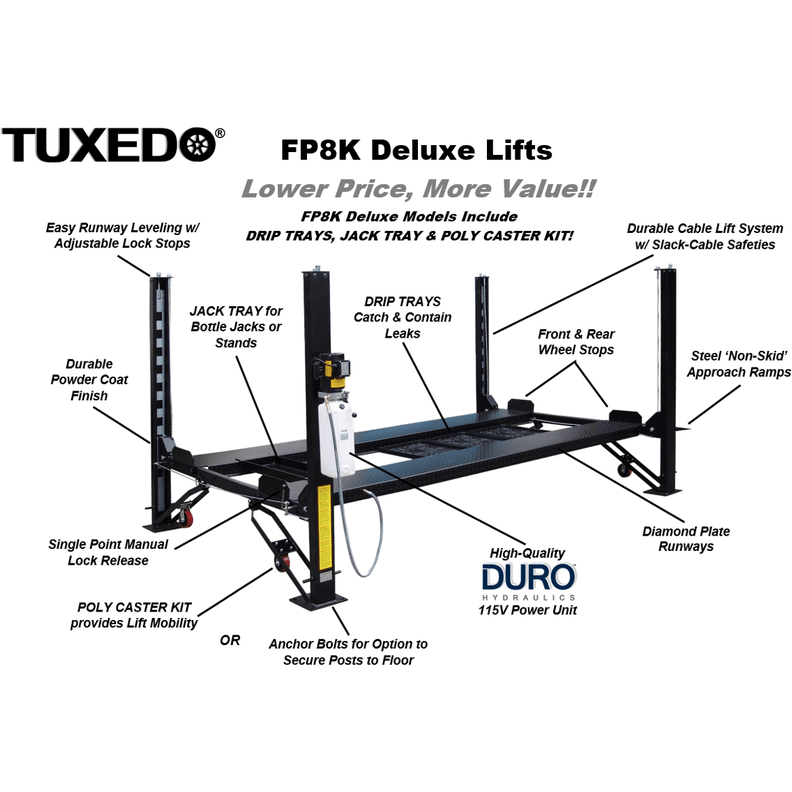Tuxedo 8,000 lb Deluxe Storage Lift Extended, Poly Casters, Drip Trays, Jack Tray SKU FP8K-DX-XLT