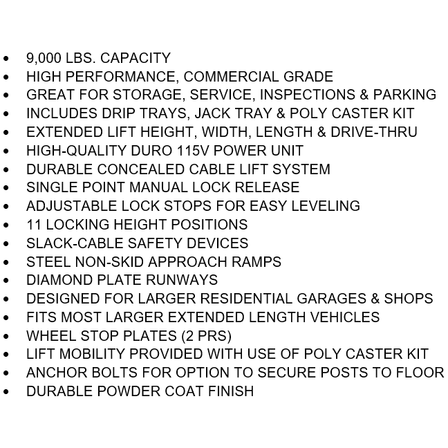 Tuxedo 9,000 lb Deluxe Storage Lift Extended, Poly Casters, Drip Trays, Jack Tray SKU FP9K-DX-XLT
