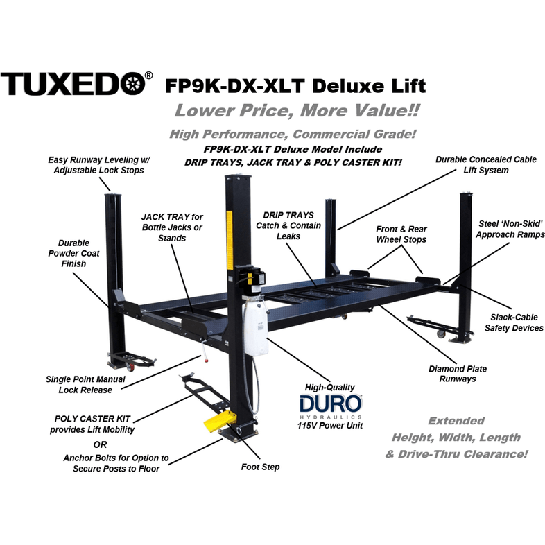 Tuxedo 9,000 lb Deluxe Storage Lift Extended, Poly Casters, Drip Trays, Jack Tray SKU FP9K-DX-XLT