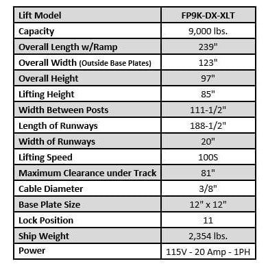 Tuxedo 9,000 lb Deluxe Storage Lift Extended, Poly Casters, Drip Trays, Jack Tray SKU FP9K-DX-XLT