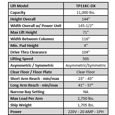 Tuxedo 11,000 lb Two Post Clear Floor, Direct Drive, Bi-Symmetric, 3 Stage, Single Point ALI Certified W/PU, SKU TP11KC-DX