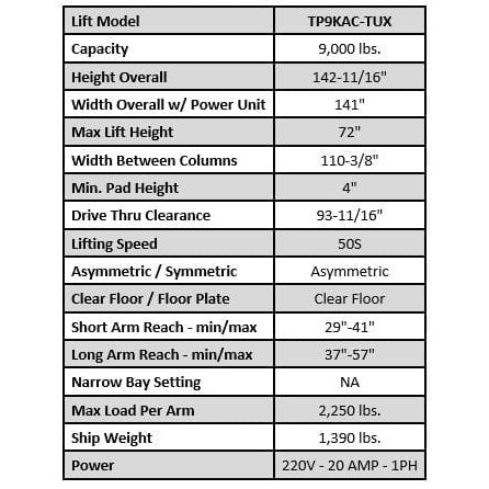 Tuxedo 9,000 lb Two Post Clear Floor, Asymmetric SKU TP9KAC-TUX
