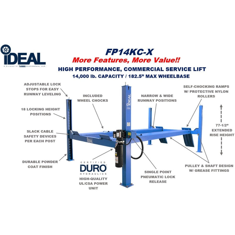 iDEAL 14,000 lb 4 Post Car Lift Closed Front Cable Pull SKU FP14KC-X