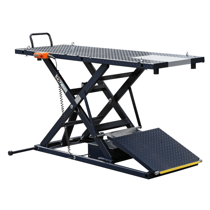 iDEAL Elec Hydra Motorcycle Lift Bench w/ Integrated Motor & Retractable Ramp SKU M-2200IEH-XR
