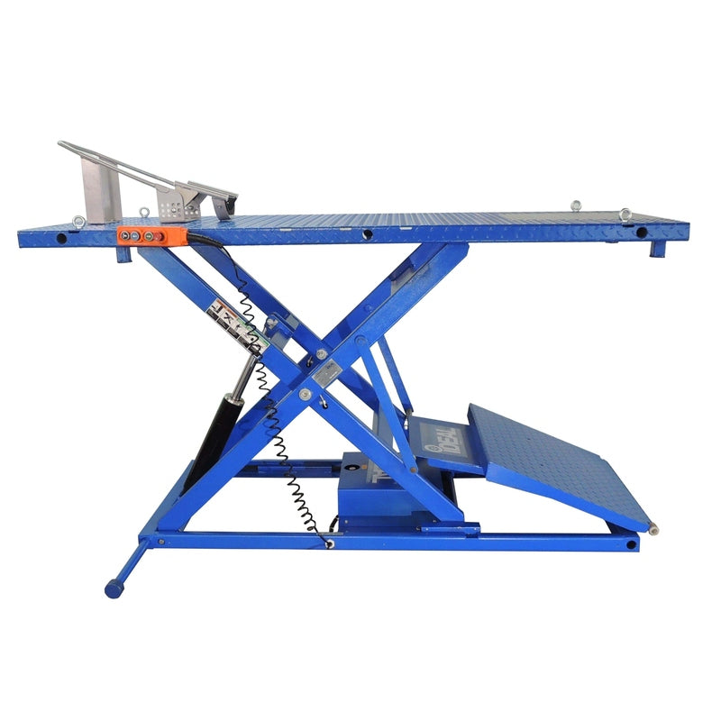 iDEAL Elec Hydra Motorcycle Lift Bench w/ Integrated Motor & Retractable Ramp SKU M-2200IEH-XR