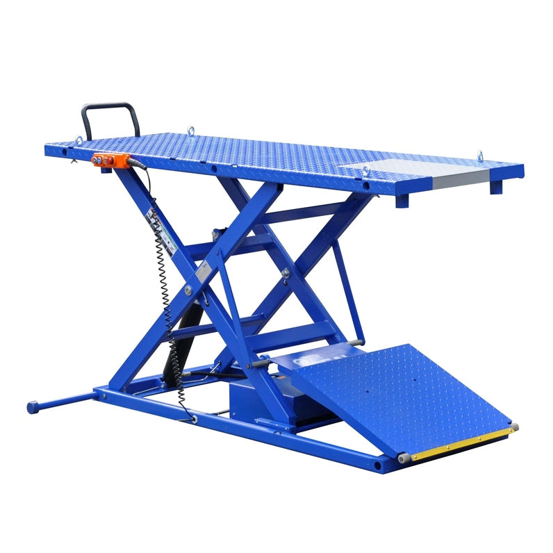 iDEAL Elec Hydra Motorcycle Lift Bench w/ Integrated Motor & Retractable Ramp SKU M-2200IEH-XR