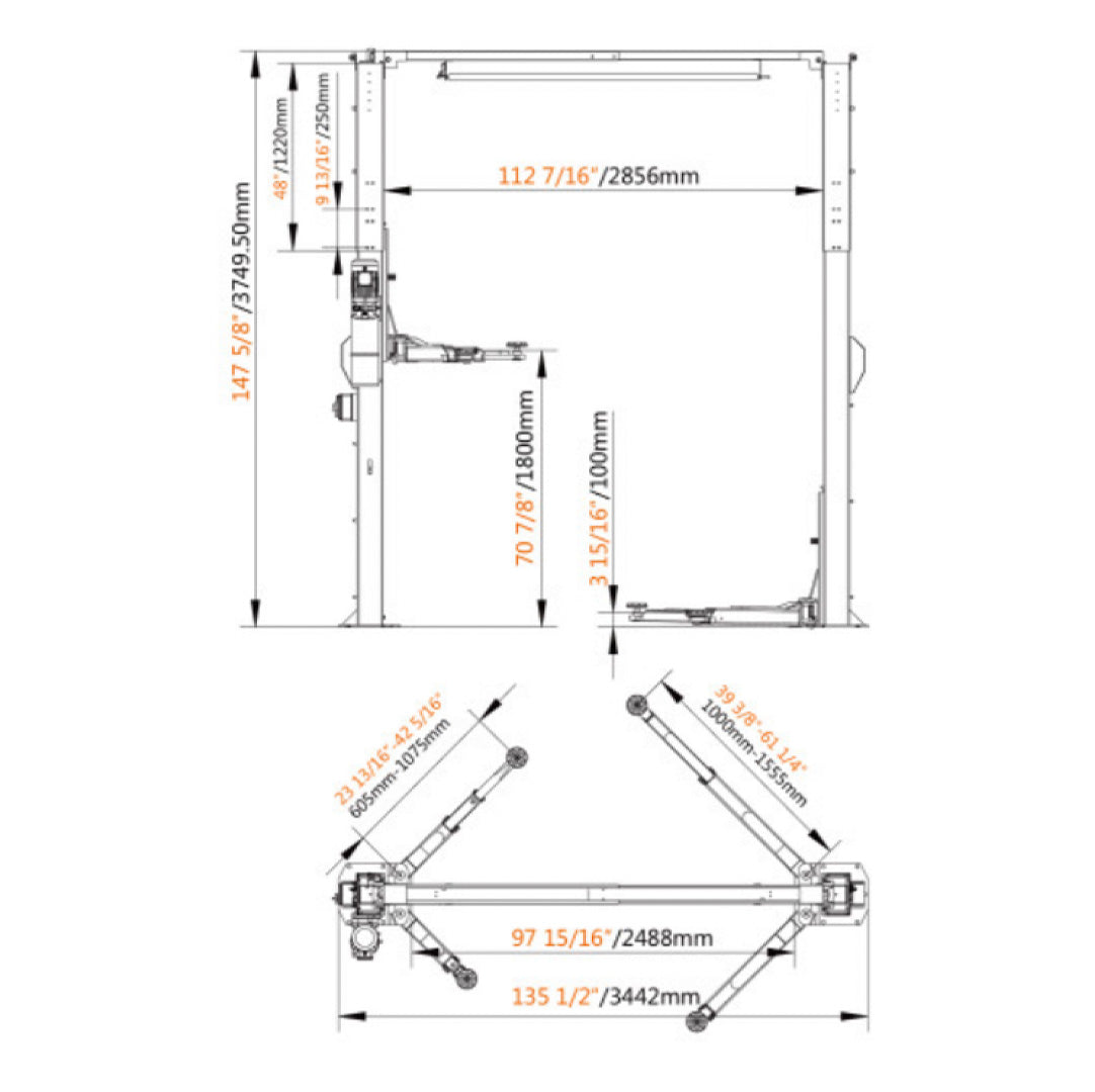 Stratus 2 Post Clear 10,000 lbs Floor Car Lift, Height Adjustable, Direct Drive, Single Point Manual Release SKU SAE-C10A
