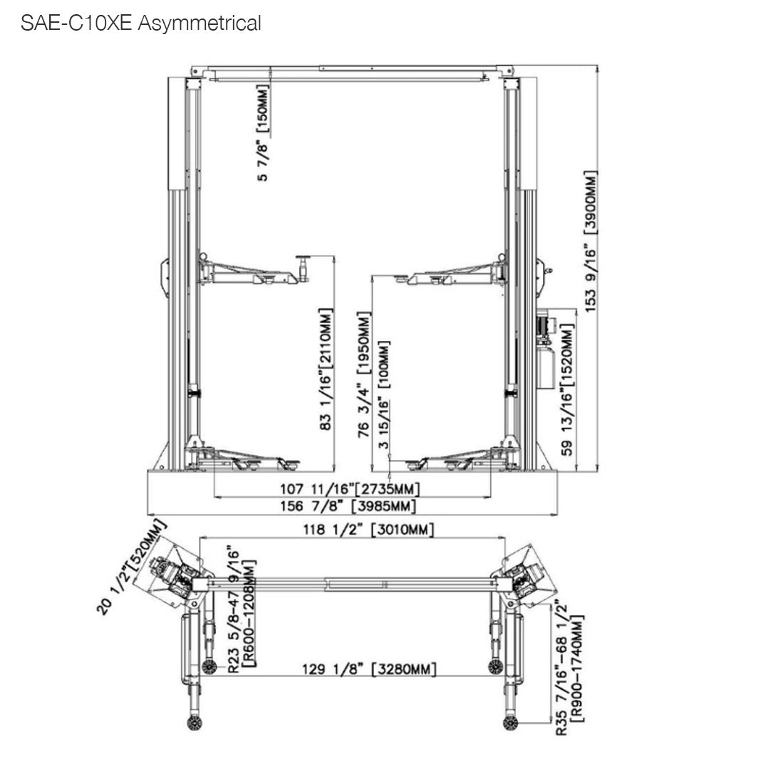 Stratus X-Wide Asymmetric & Symmetric 2-in-1, 10k lbs 2-Post Lift SAE-C10XE
