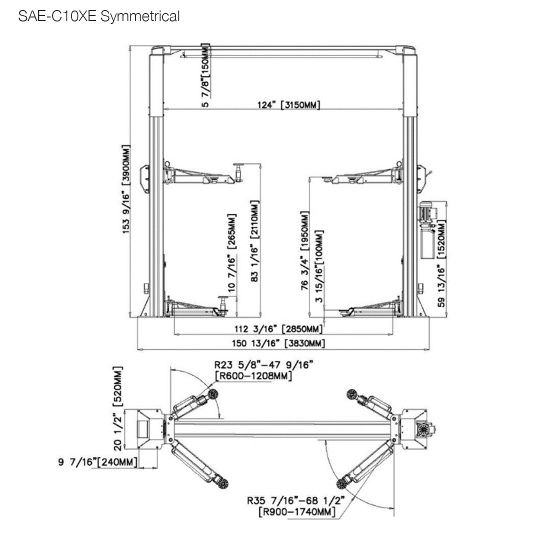 Stratus X-Wide Asymmetric & Symmetric 2-in-1, 10k lbs 2-Post Lift SAE-C10XE