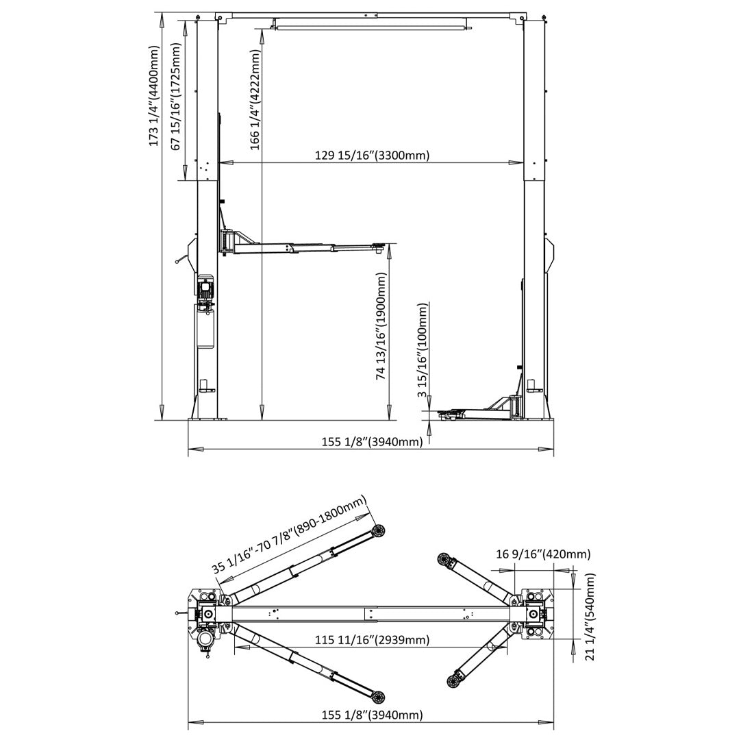 Stratus 2 Post 12,000 lbs Clear Floor Car Lift, Direct Drive, Extra Wide, Drive Through, Single Point Manual Release SKU SAE-C12X