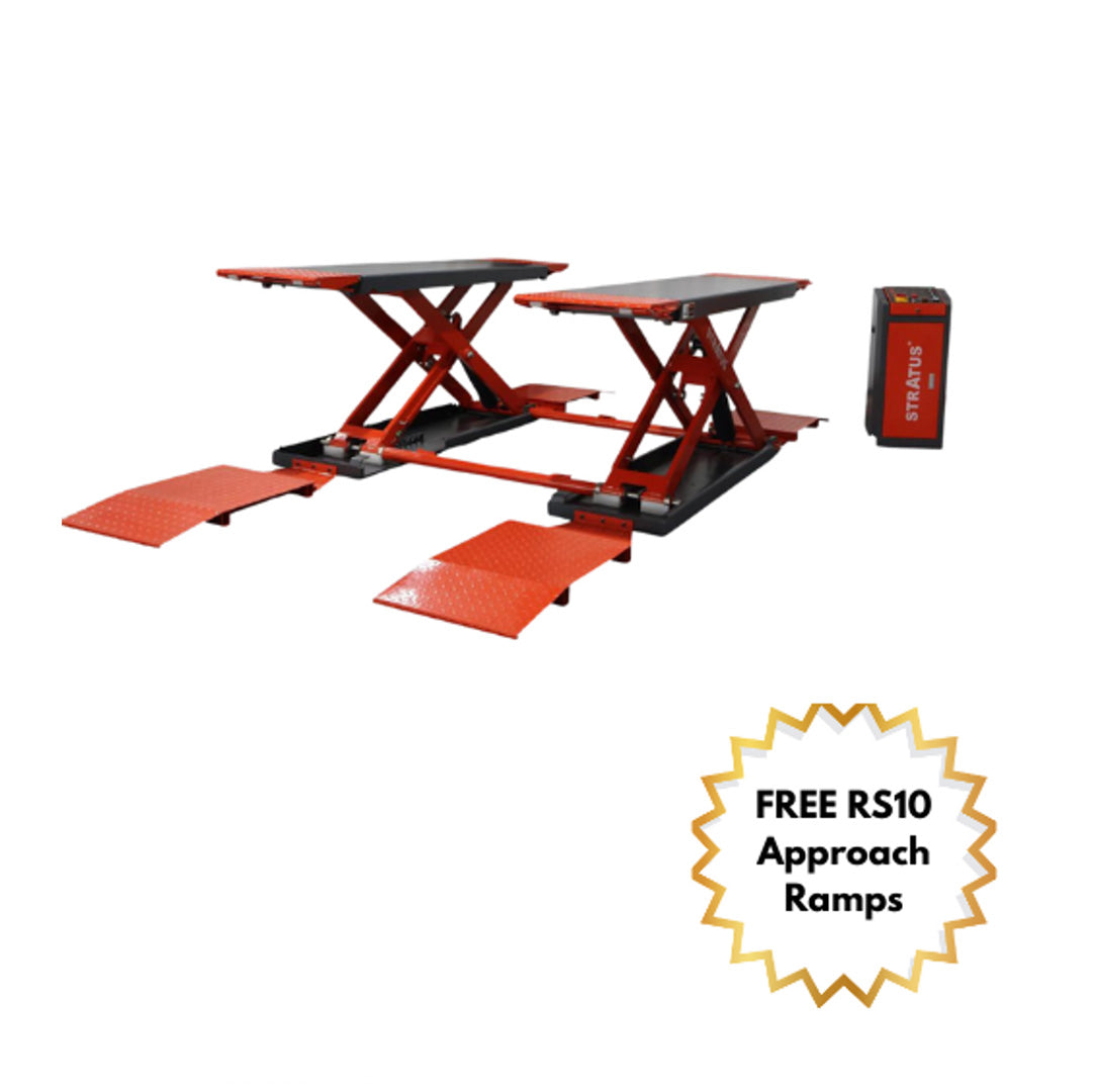 Stratus Portable Open Center 10,000 lbs Mid Rise Scissor Lift, Extra Wide, Tall, PLC Control, Electrical Release SKU SAE-MS10000