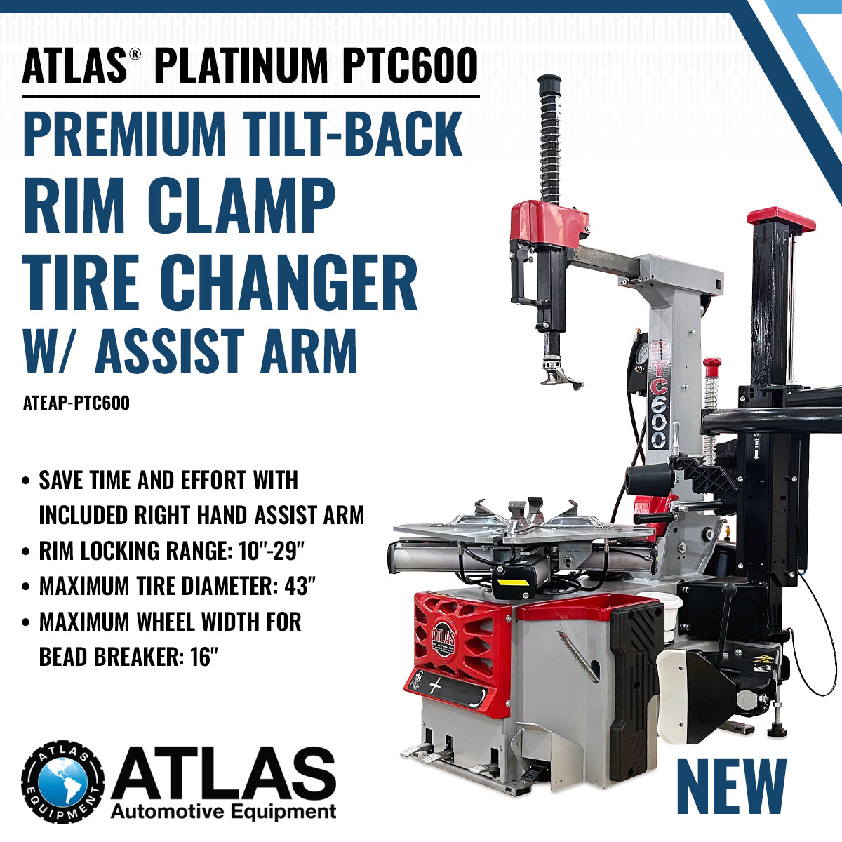 Atlas Platinum Tilt-Back Rim Clamp Tire Changer w/ Assist Arm SKU ATEAP-PTC600