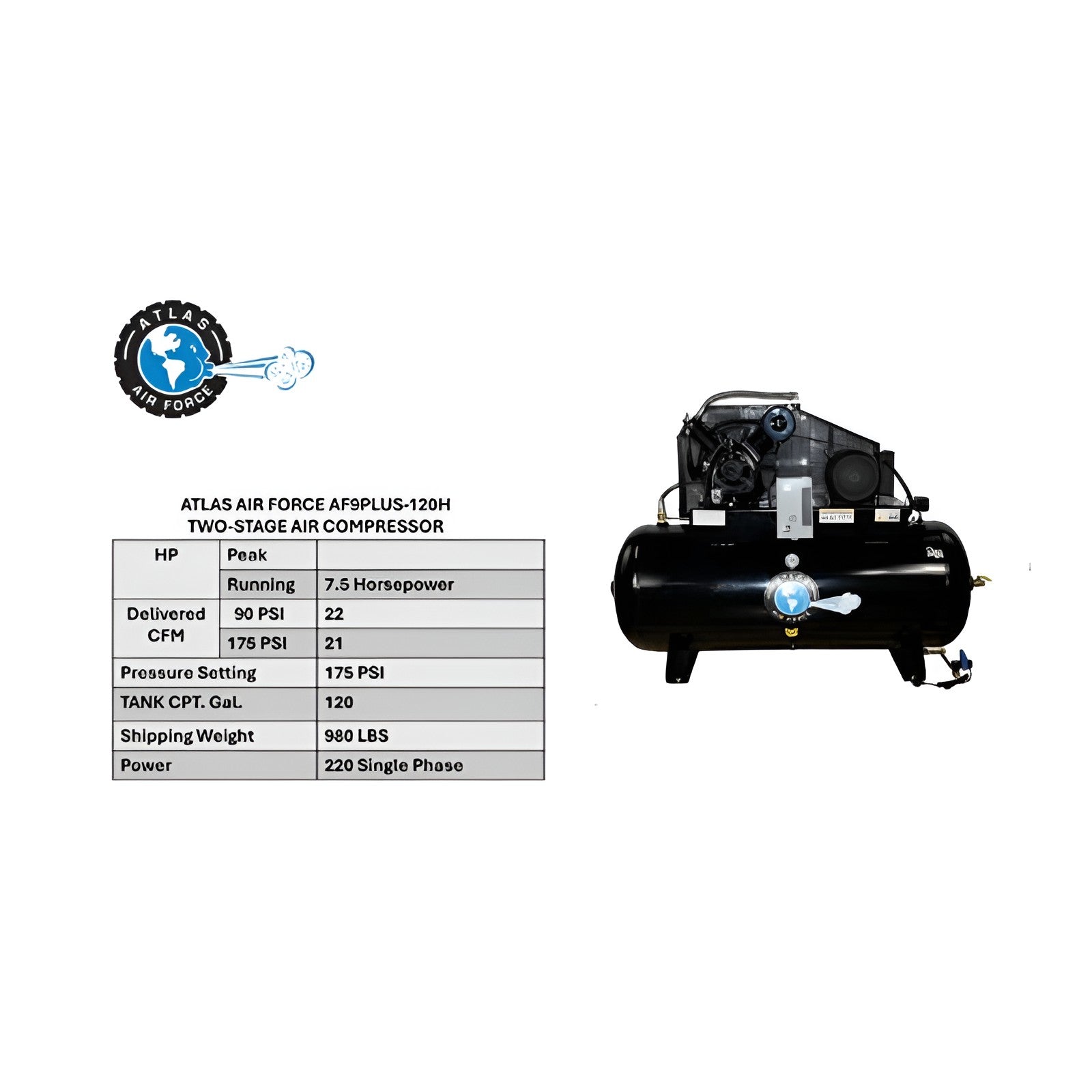 Atlas AF9P 7.5HP 120 Gallon Air Compressor w/ Plus Package SKU ATEMPAF9P-120H