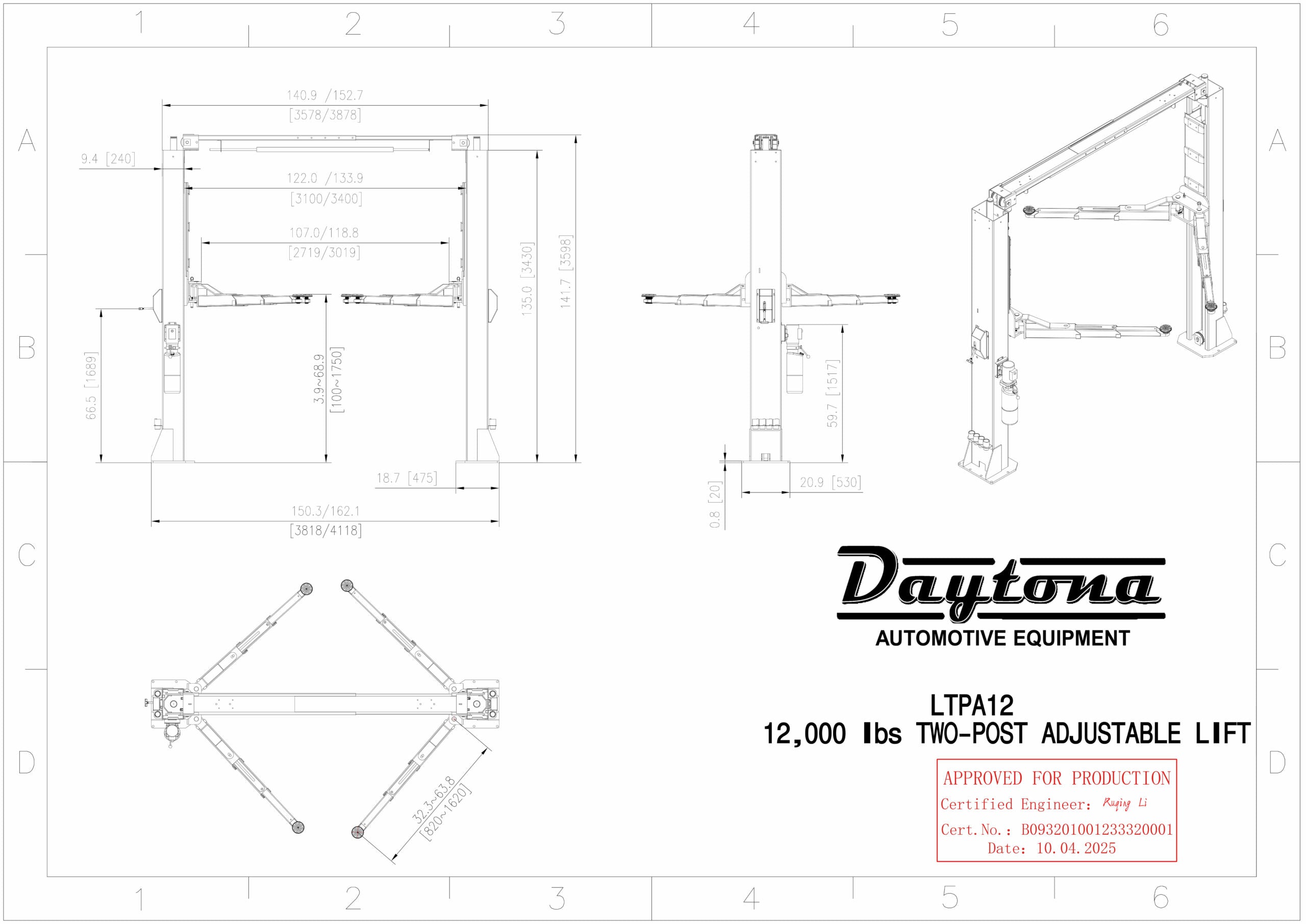 Daytona 12,000 lbs Capacity Overhead 2 Post Car Lift, Adjustable Width SKU LTPA12