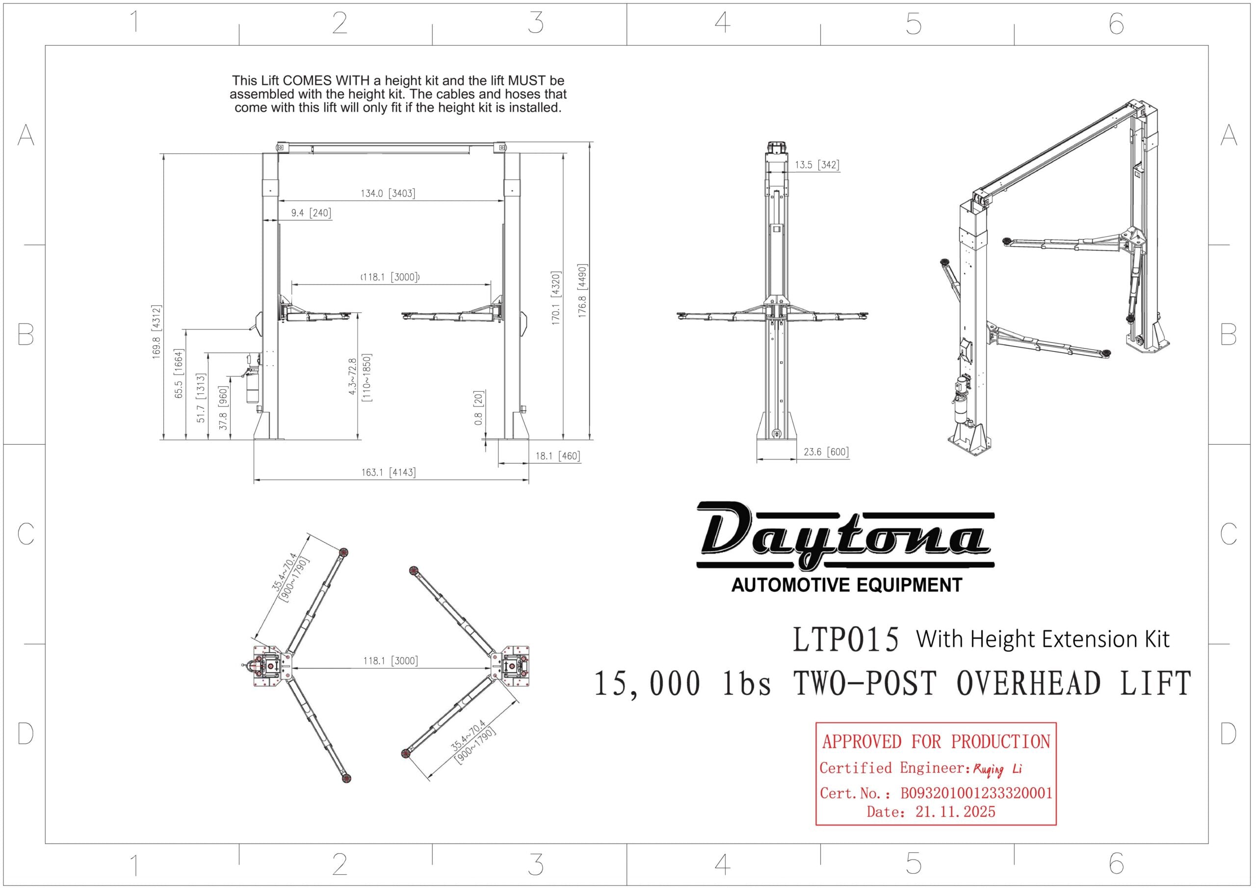 Daytona 15,000 lbs Capacity Overhead 2 Post Car Lift w/ Height Extensions SKU LTPO15
