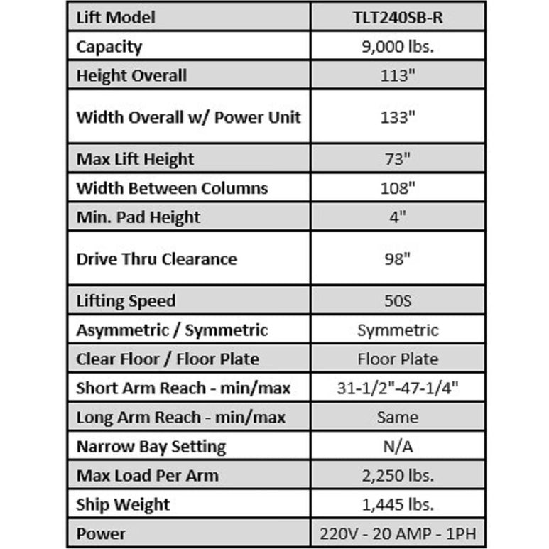 Launch 9,000 lb Two Post Floor Plate Symmetric SKU TLT240SB-R