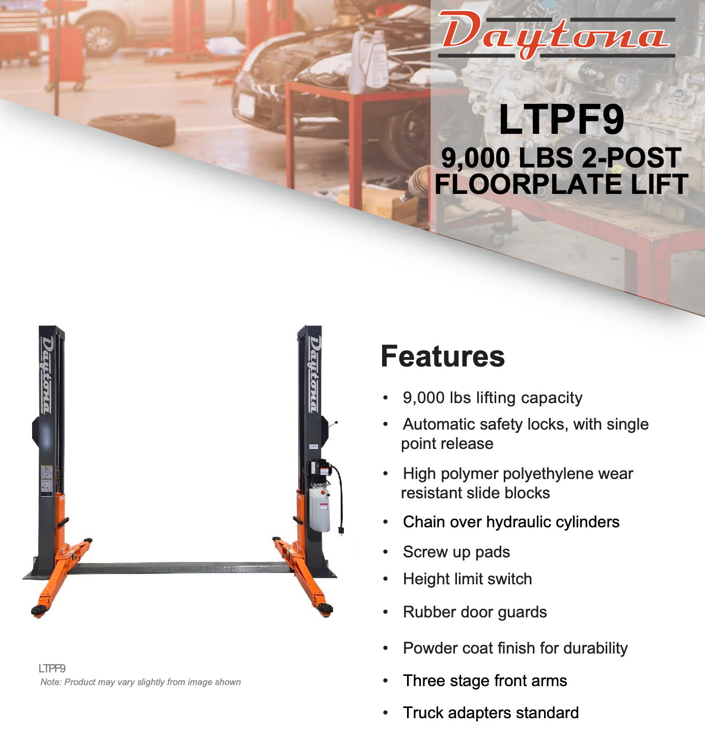 Daytona 9,000 lbs 2 Post Floor Plate Lift, Low Ceiling w/ Automatic Safety Locks SKU LTPF9