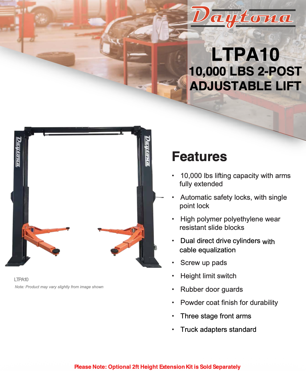 Daytona 10,000 lbs 2 Post Lift Overhead, Adjustable Width SKU LTPA10