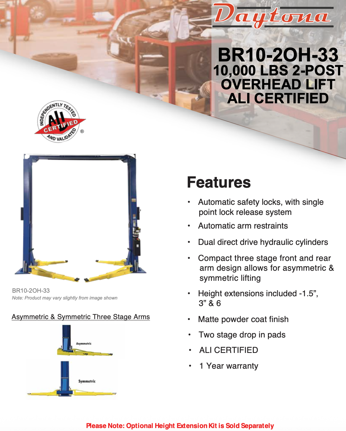 Daytona 10,000 lbs 2 Post Lift, ALI Certified SKU BR10-2OH-33
