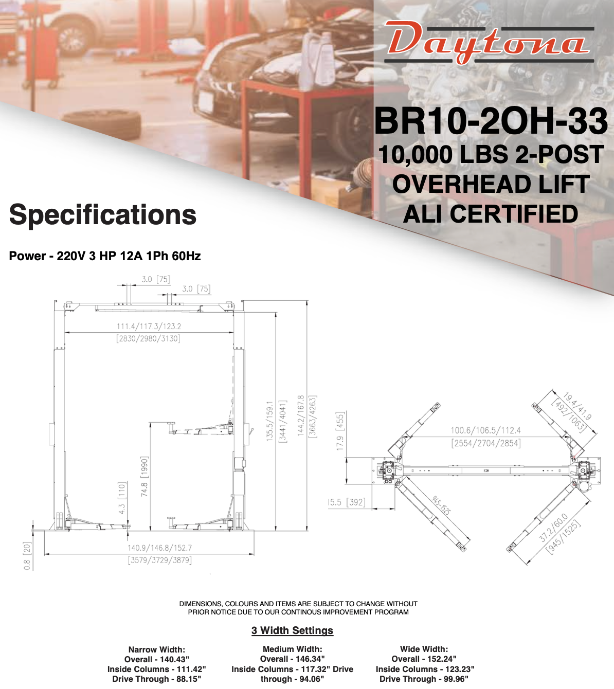 Daytona 10,000 lbs 2 Post Lift, ALI Certified SKU BR10-2OH-33