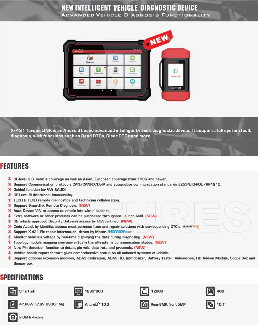 Launch Tech USA X-431 Torque Link Professional Diagnostic Scan Tool SKU 321195101