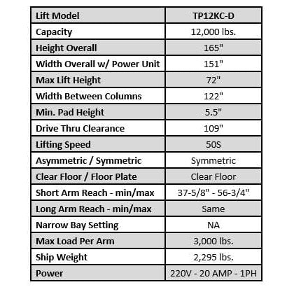 Tuxedo 12,000 lb Two Post Lift, Direct Drive SKU TP12KC-D