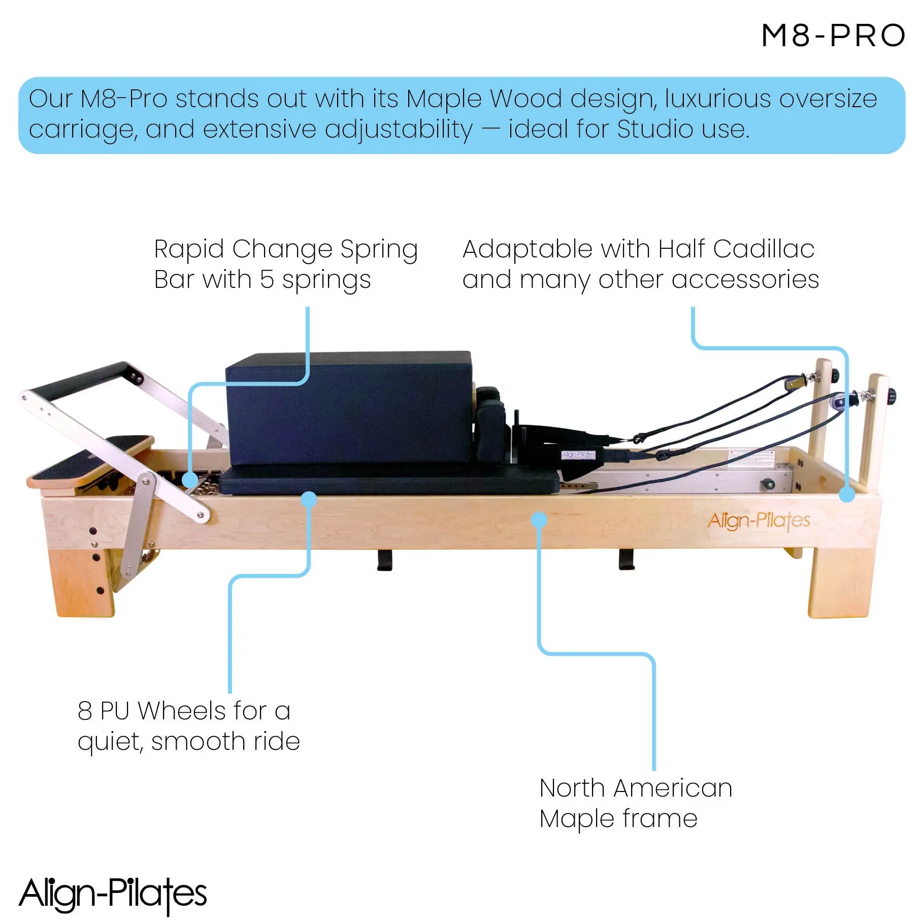 Align Pilates M8-Pro Maple Wood Pilates Reformer w/ Sitting Box SKU PAP-REFORMERM8B