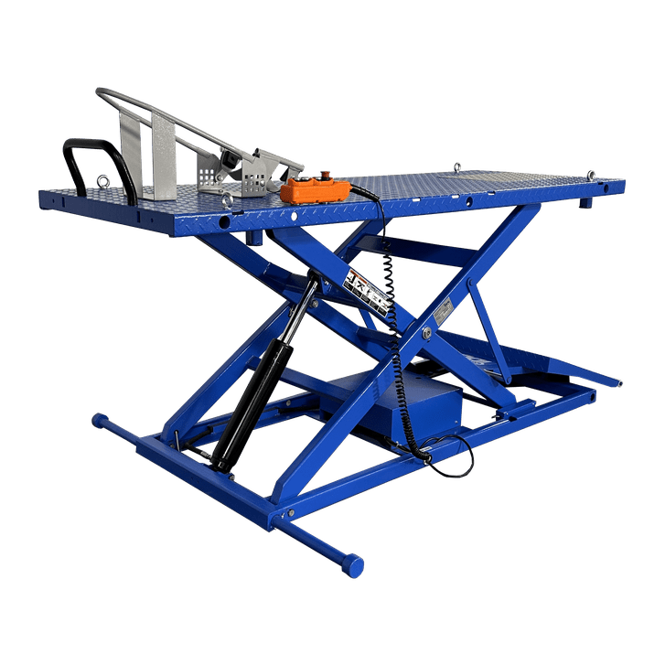 iDEAL Elec Hydra Motorcycle Lift Bench w/ Integrated Motor & Retractable Ramp SKU M-2200IEH-XR