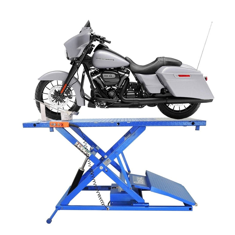 iDEAL Elec Hydra Motorcycle Lift Bench w/ Integrated Motor & Retractable Ramp SKU M-2200IEH-XR